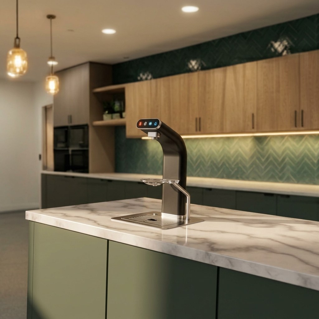 VISIO installed on a marble kitchen island in a modern office kitchen