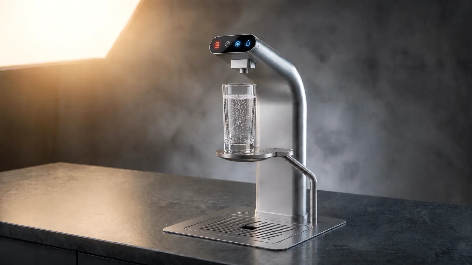 VISIO pours chilled still water into a carafe, hot water into a mug, then sparkling water into a glass on the cup tray